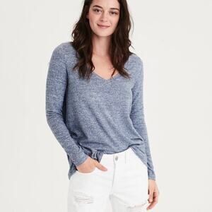 American Eagle Women's Blue V-Neck Soft & Sexy Plush Long Sleeve Shirt Top Small